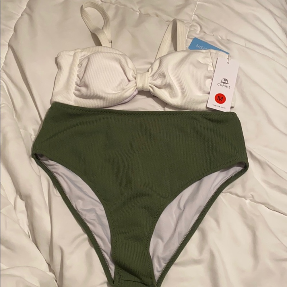Cupshe bathing suit, white top forest green bottom